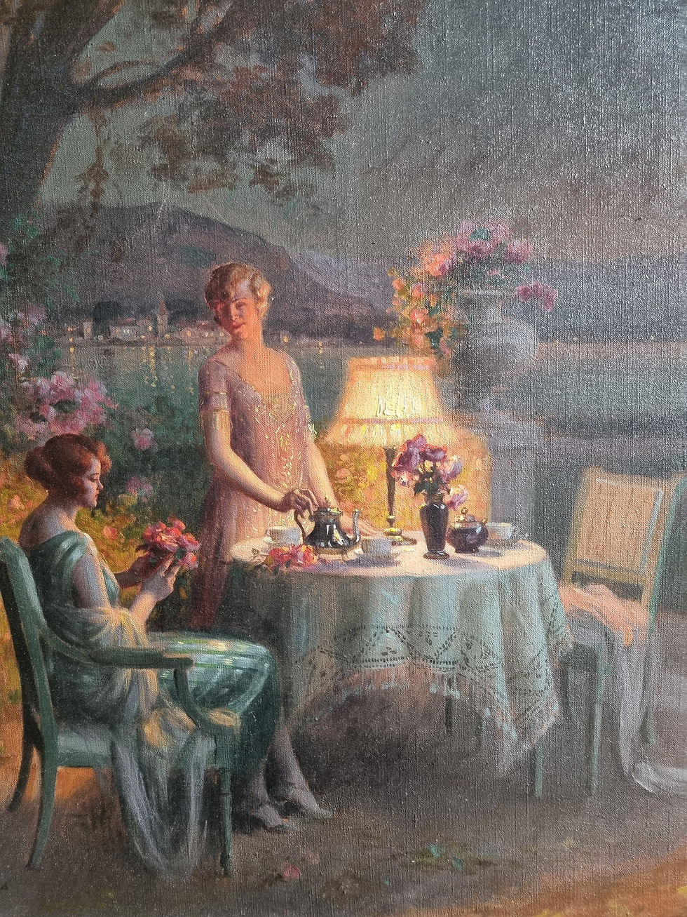 Thumbnail: Delphin Enjolras, grande huile sur toile : un soir sur la terrasse. 