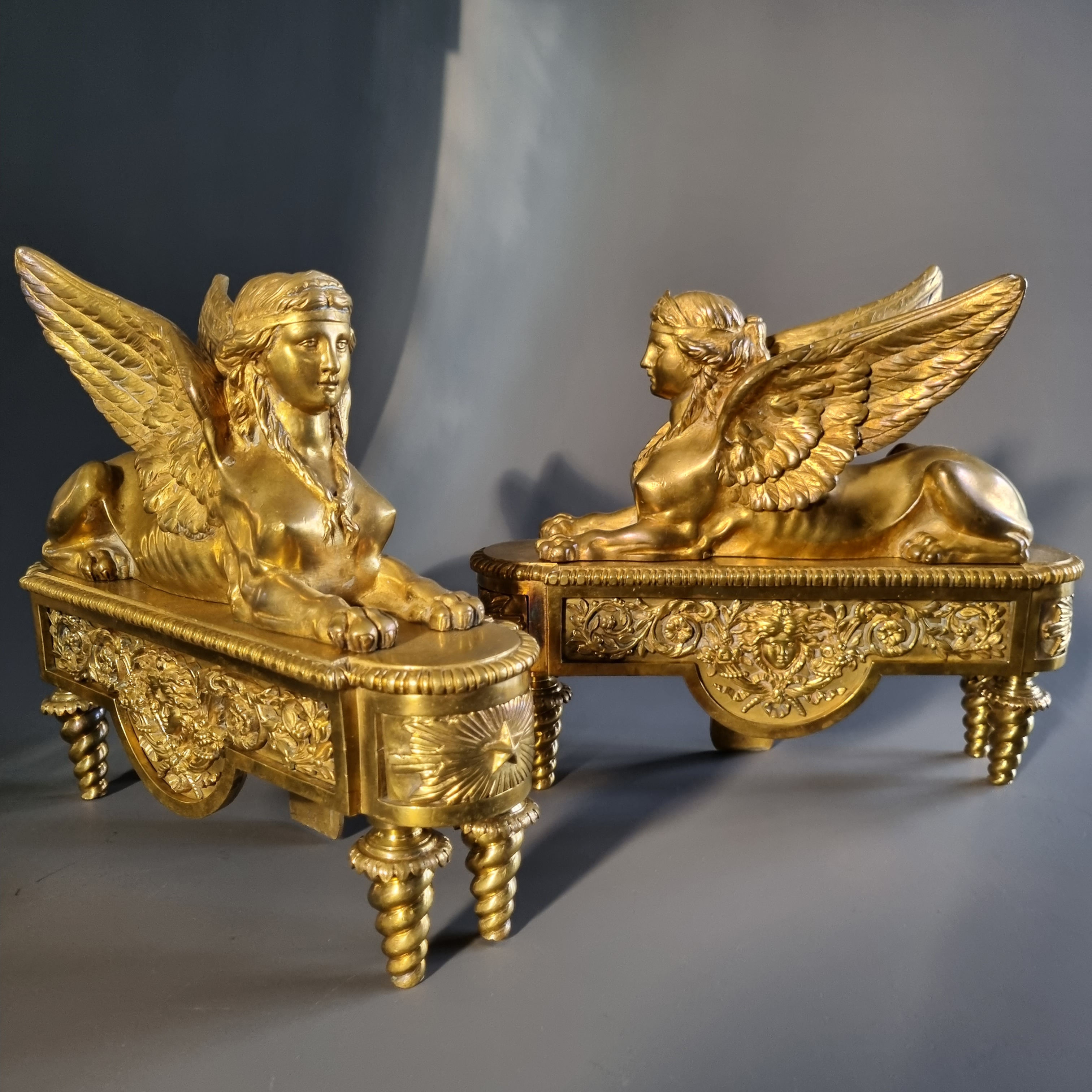 Thomire, pair andirons with sphinxes, early 19th century.