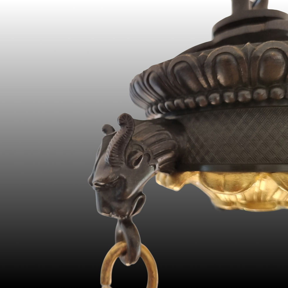 Thumbnail: Empire period, superb antique chandelier with the heads of chimeras.