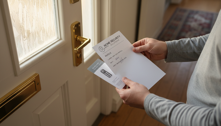 Close-up view of a homeowner holding lock paperwork beside a newly fitted door lock