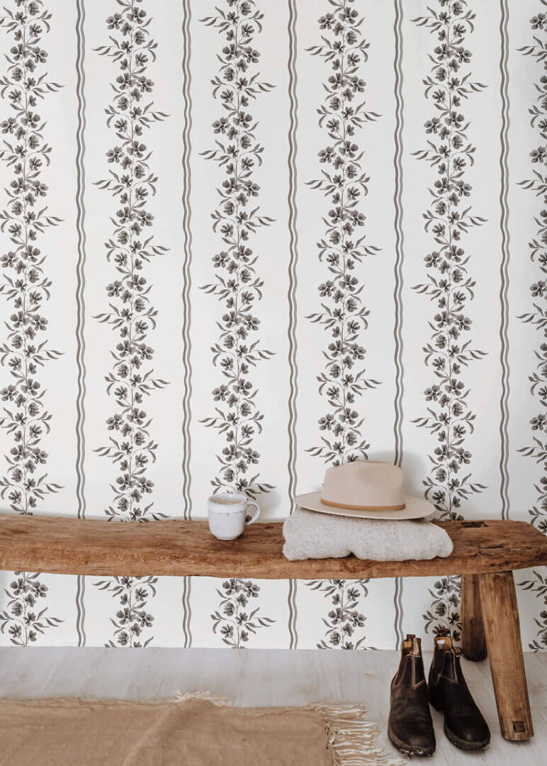 Country Stripe removable wallpaper in taupe. floral stripe Removable wallpaper Peel and stick wallpaper for bathrooms