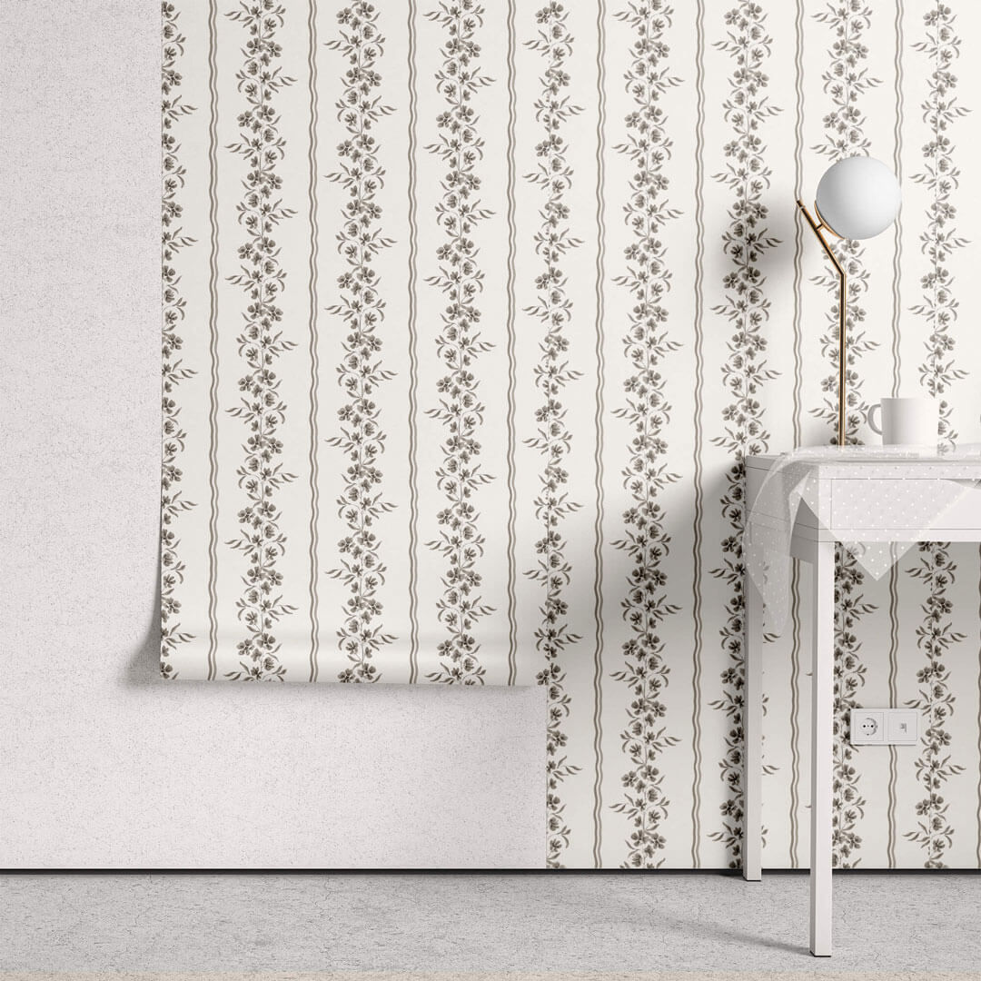 Country Stripe removable wallpaper in taupe. floral stripe Removable wallpaper Peel and stick wallpaper for bathrooms