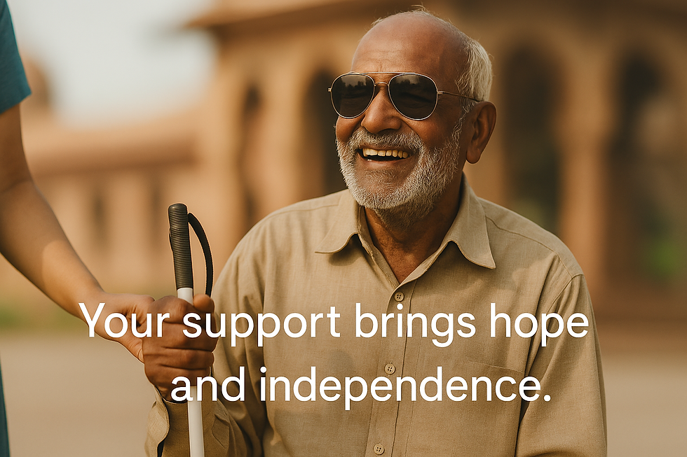 Elderly blind Indian man smiling as he holds a walking stick with gentle support from a helper