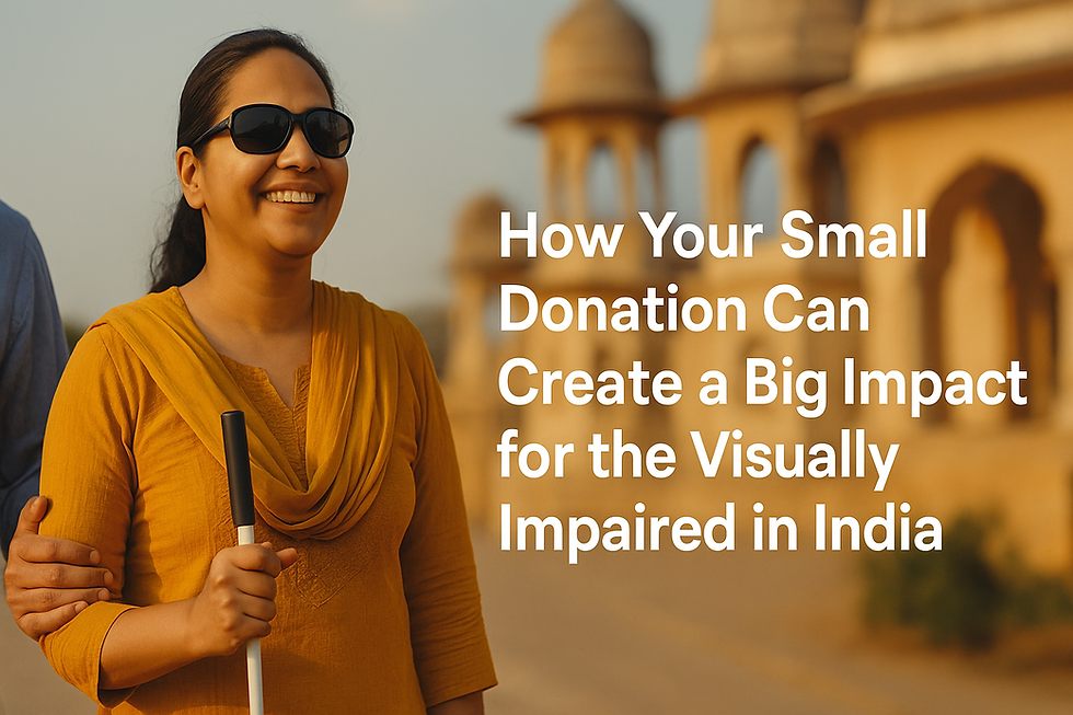 Visually impaired Indian woman smiling while walking with support near heritage architecture