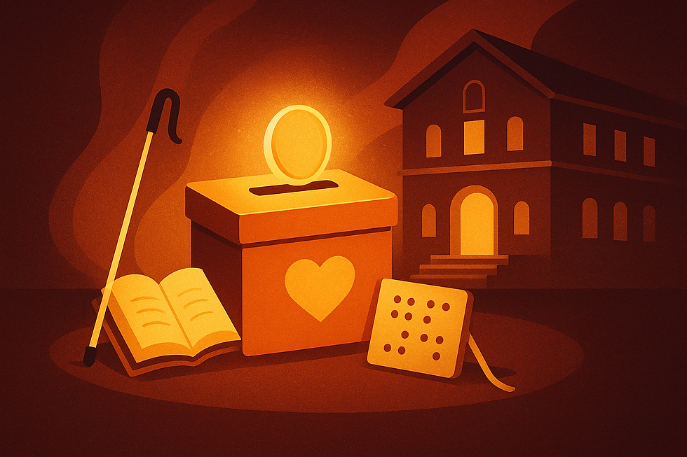 Glowing donation box with Braille, book, and cane symbolizing support for blind people