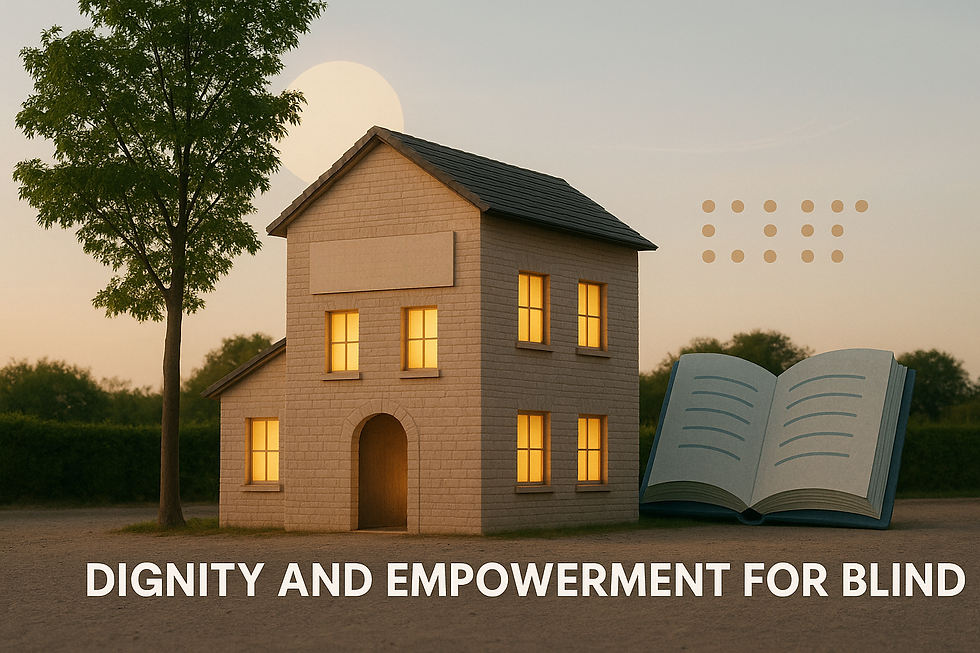 Inclusive hostel building glowing with symbols of accessibility and hope