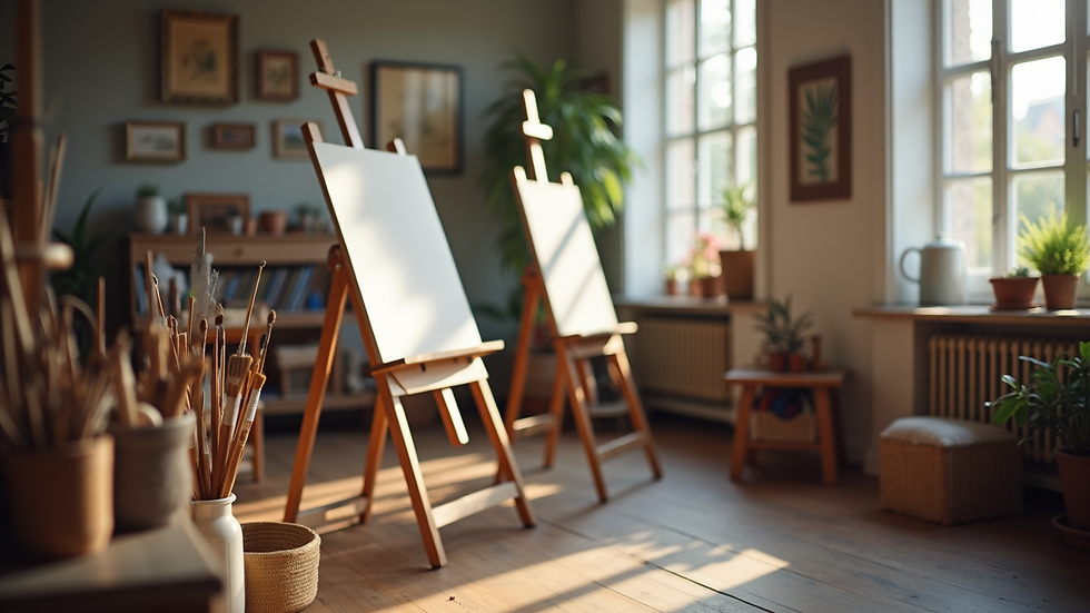 Eye-level view of a cozy art studio with easels and paint supplies