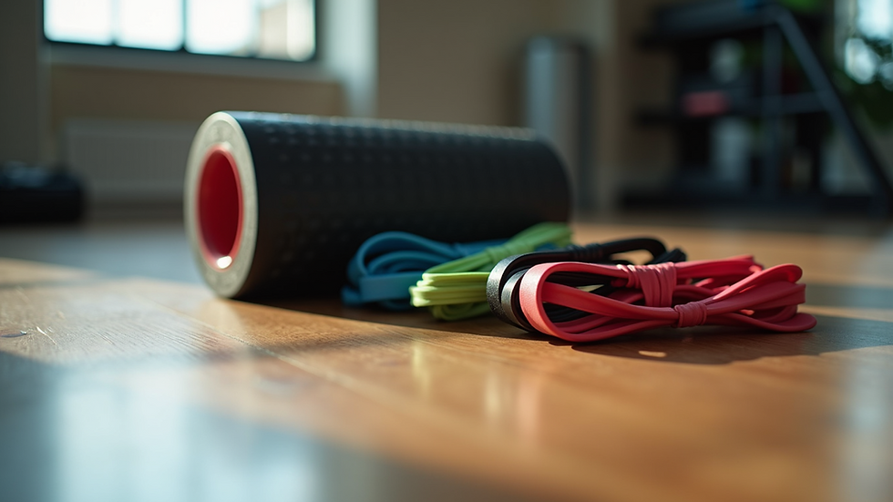 Close-up view of resistance bands and foam roller on a wooden floor