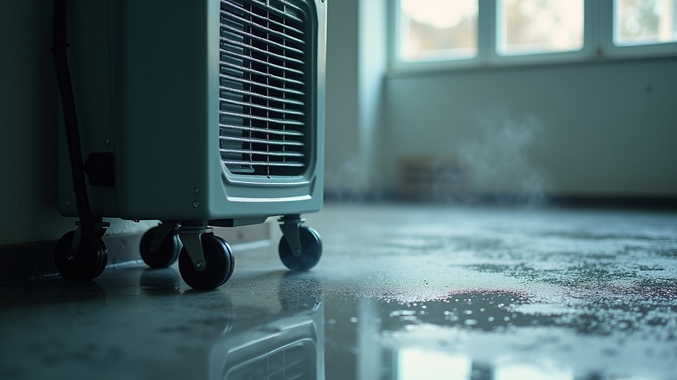 Close-up of industrial dehumidifier drying a wet floor