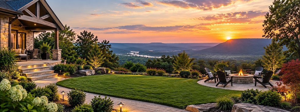 Landscape design in Chattanooga with a stone patio, fire pit, lush plantings, and mountain views.