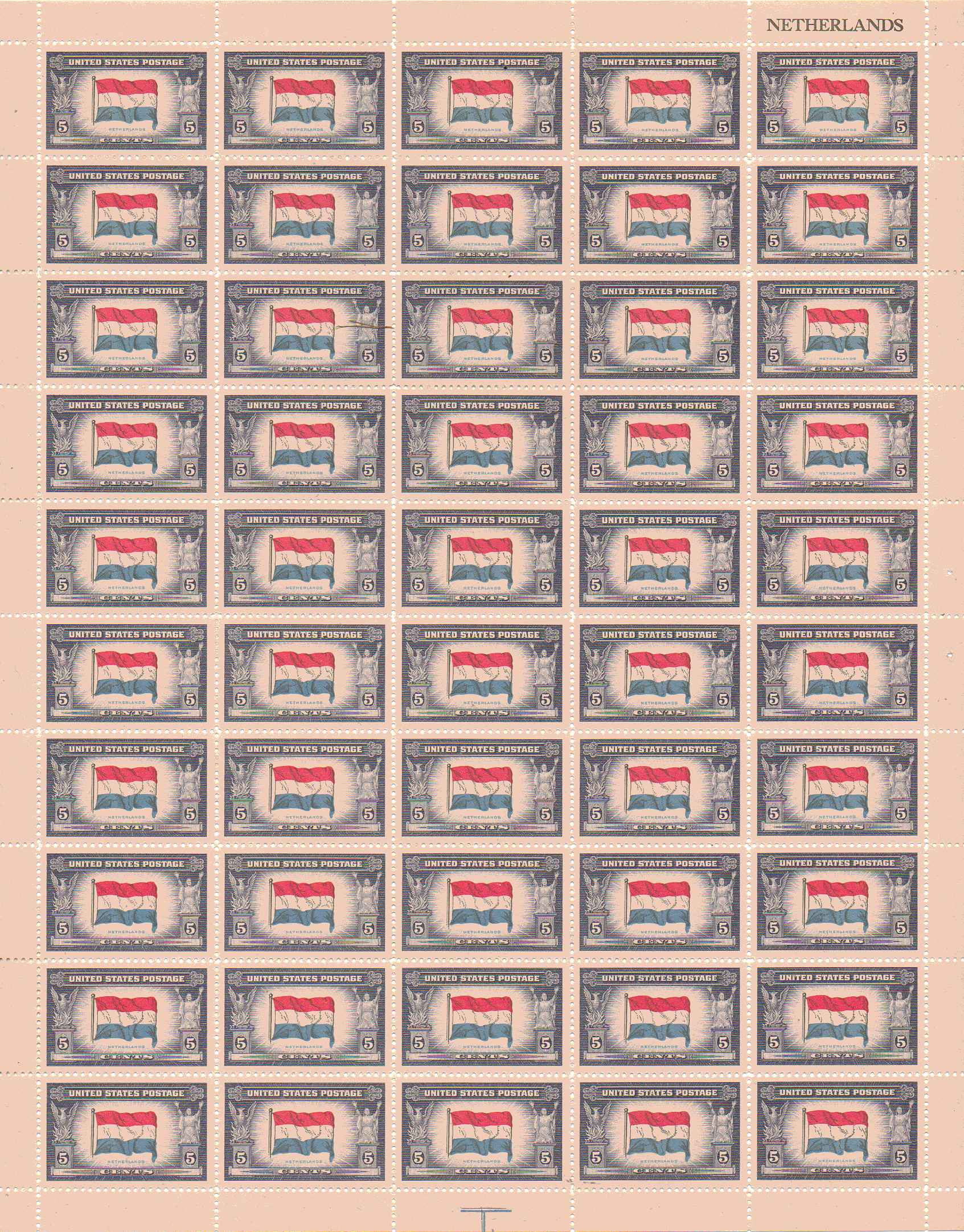 913 - 5¢ Flag of Netherlands Unused