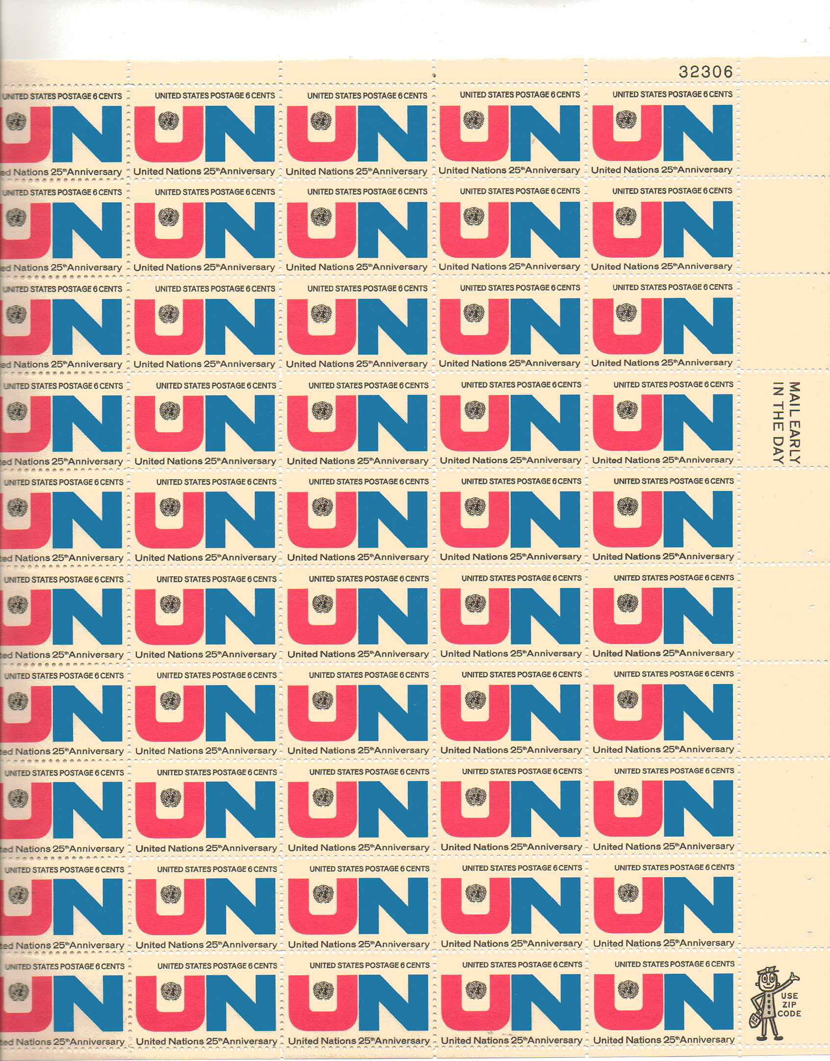 1419 - 6¢ UN and Emblem Unused