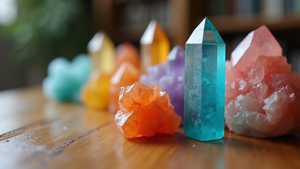 Close-up view of a selection of colorful crystals arranged on a wooden table