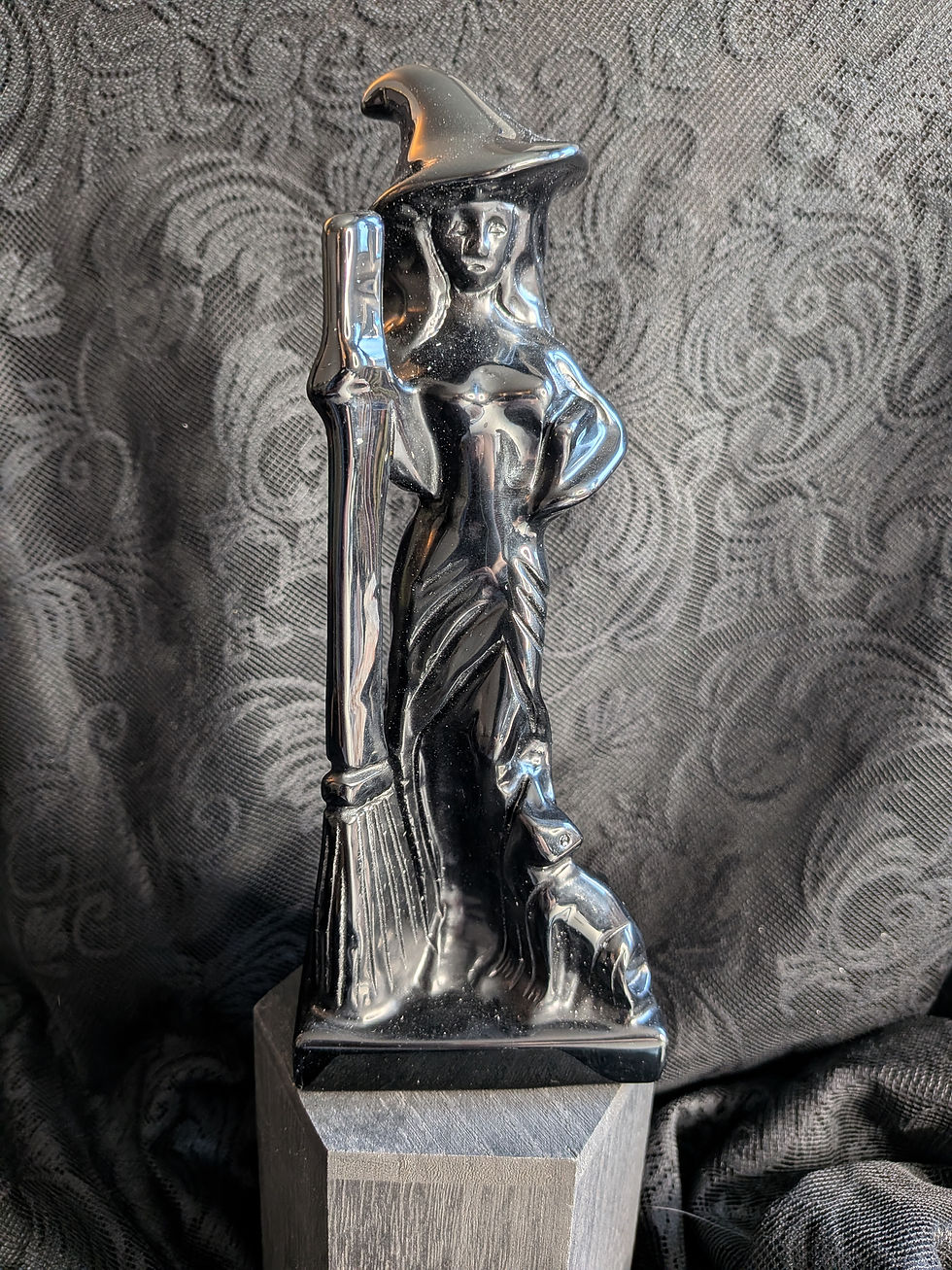 Black Obsidian Witch with Cat and Broom