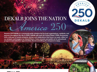 An information page on America 250 DeKalb with fireworks over the bandshell.