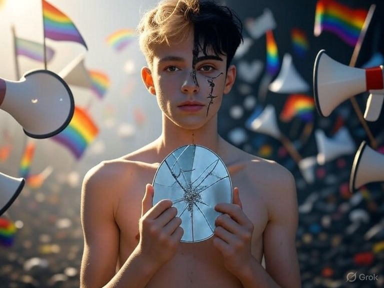 Persona LGBTQI+ en un espacio simbólico entre libertad y violencia, sosteniendo un espejo roto que refleja luz y oscuridad.