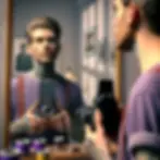 Hombre tatuado sosteniendo una cámara vintage frente a un espejo, alineando perfectamente su reflejo con sus manos y la lente, en una habitación decorada con fotos y rollos de película, simbolizando autoexploración y autenticidad.