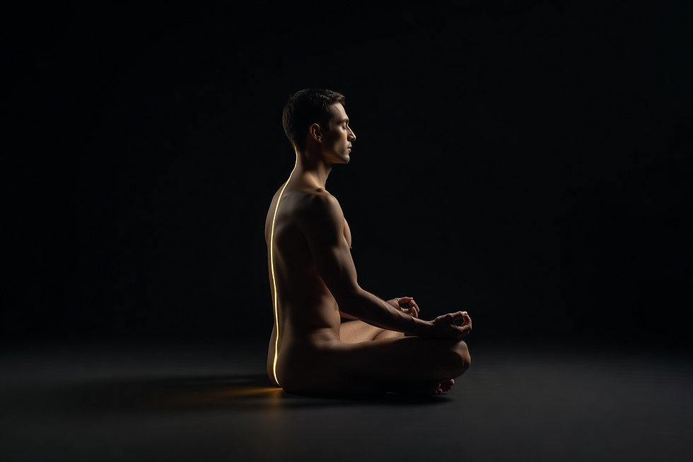 Fotografía de estudio de un hombre solo, de perfil, sentado en postura de meditación sobre una superficie negra, con una sola luz lateral que forma una línea dorada sobre su torso desnudo desde el cóccix hasta la nuca. Minimalista, poderoso, contemplativo.