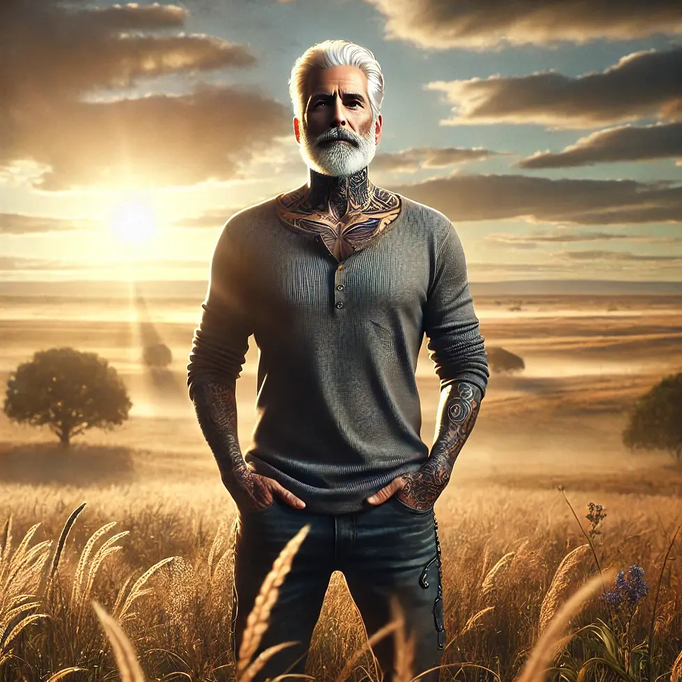 Hombre mayor tatuado de pie en un campo abierto durante el atardecer, con expresión confiada, rodeado de naturaleza, simbolizando libertad y crecimiento personal.