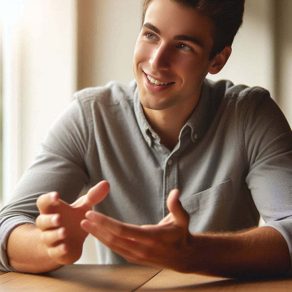 Hombre joven sonriendo mientras gesticula con las manos, sentado frente a una mesa en un entorno luminoso. La imagen refleja comunicación y apertura.