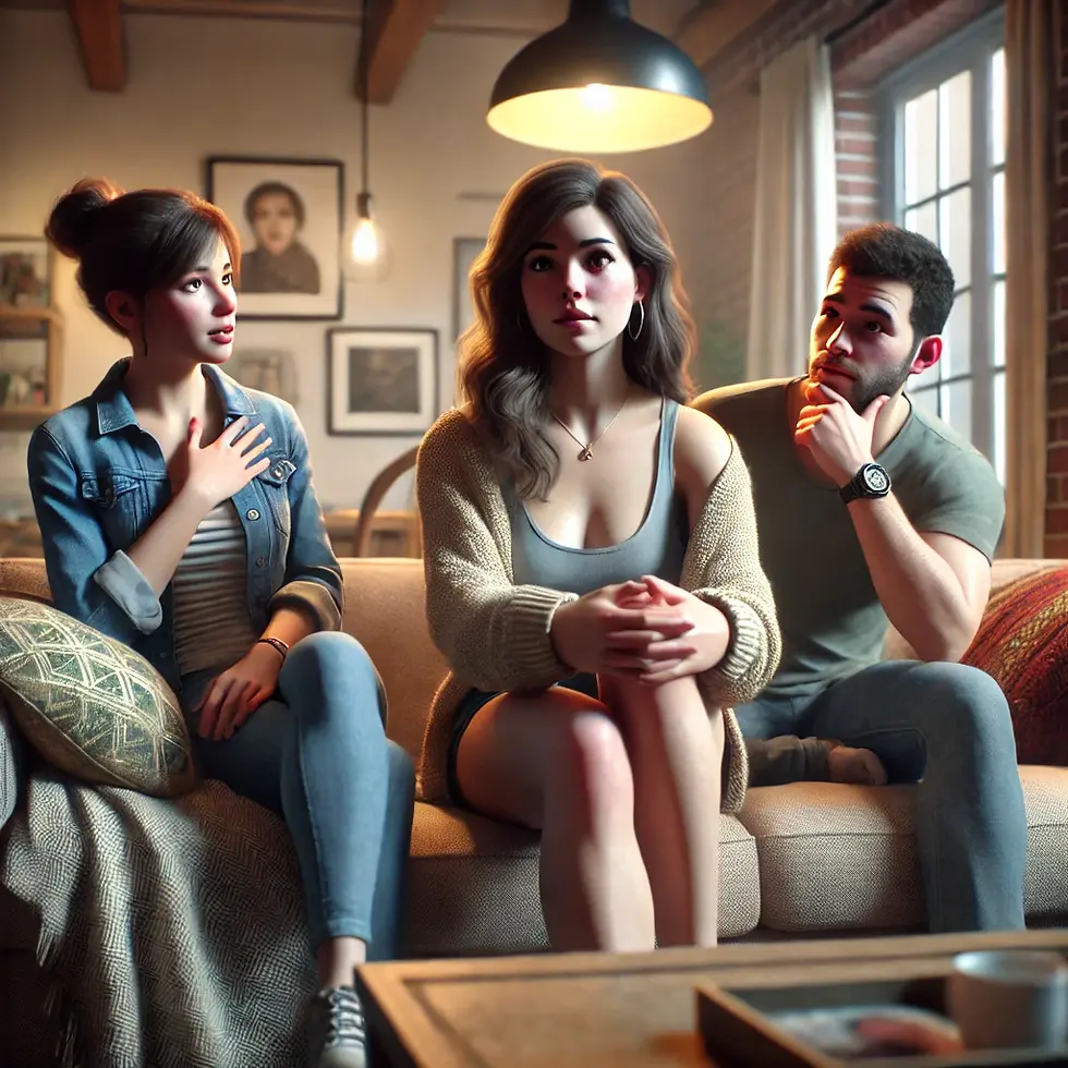 Mujer confesando a dos amigas que es bisexual, mientras ellas la escuchan con expresiones de sorpresa y ligera inquietud en una sala acogedora.