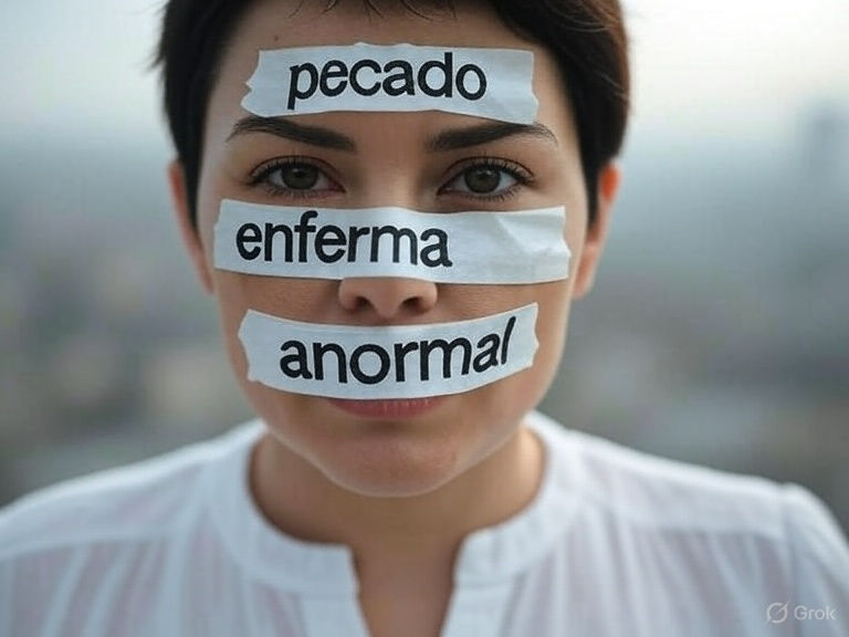 Retrato de una mujer transexual con expresión neutra, etiquetas como “pecado”, “enferma”, “anormal” en cinta adhesiva sobre su rostro, estética editorial de protesta.