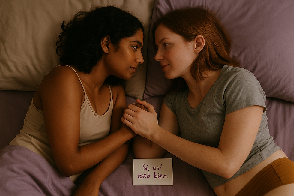 Pareja de mujeres recostadas frente a frente en la cama, tomadas de la mano, con una nota entre ellas que dice “Sí, así está bien”, reflejando intimidad, consentimiento y placer compartido.