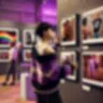 Exposición fotográfica LGBTQI+ con imágenes de identidades fluidas y amor no tradicional. En primer plano, un fotógrafo no binario ajusta un retrato en la pared, rodeado de visitantes admirando las obras.