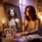 Mujer trans sostiene una foto de su pasado mientras se mira con confianza en un espejo, rodeada de imágenes de su transición en una habitación iluminada suavemente.