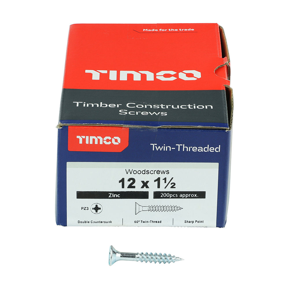 Twin-Threaded Countersunk Silver Woodscrews - 12 x 1 1/2