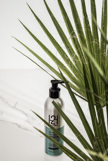 hair product photographed under palm leaf