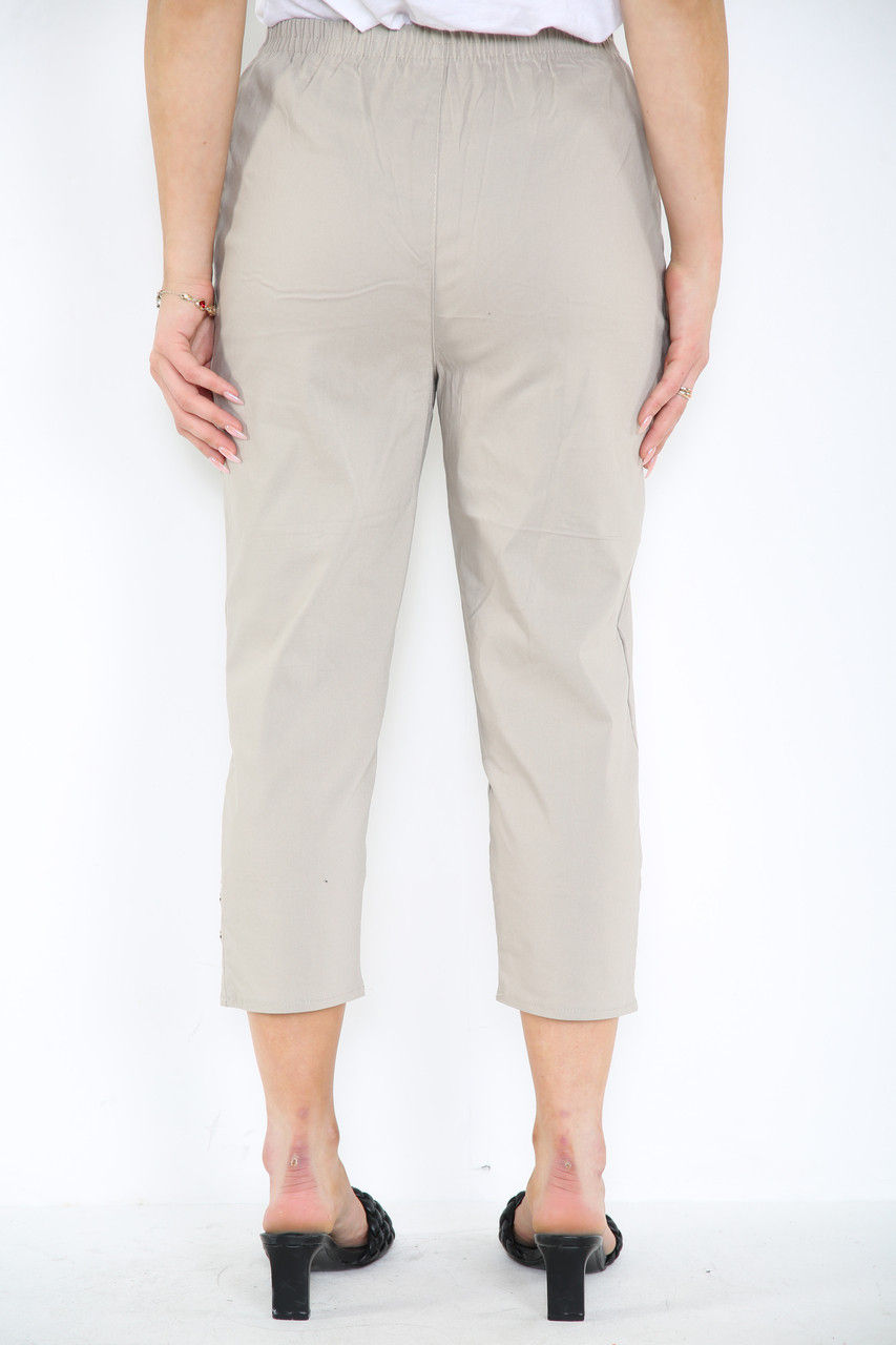 Thumbnail: CAPRI CROPPED STRETCH CHERRY BERRY TROUSERS IN STONE - LV CLOTHING