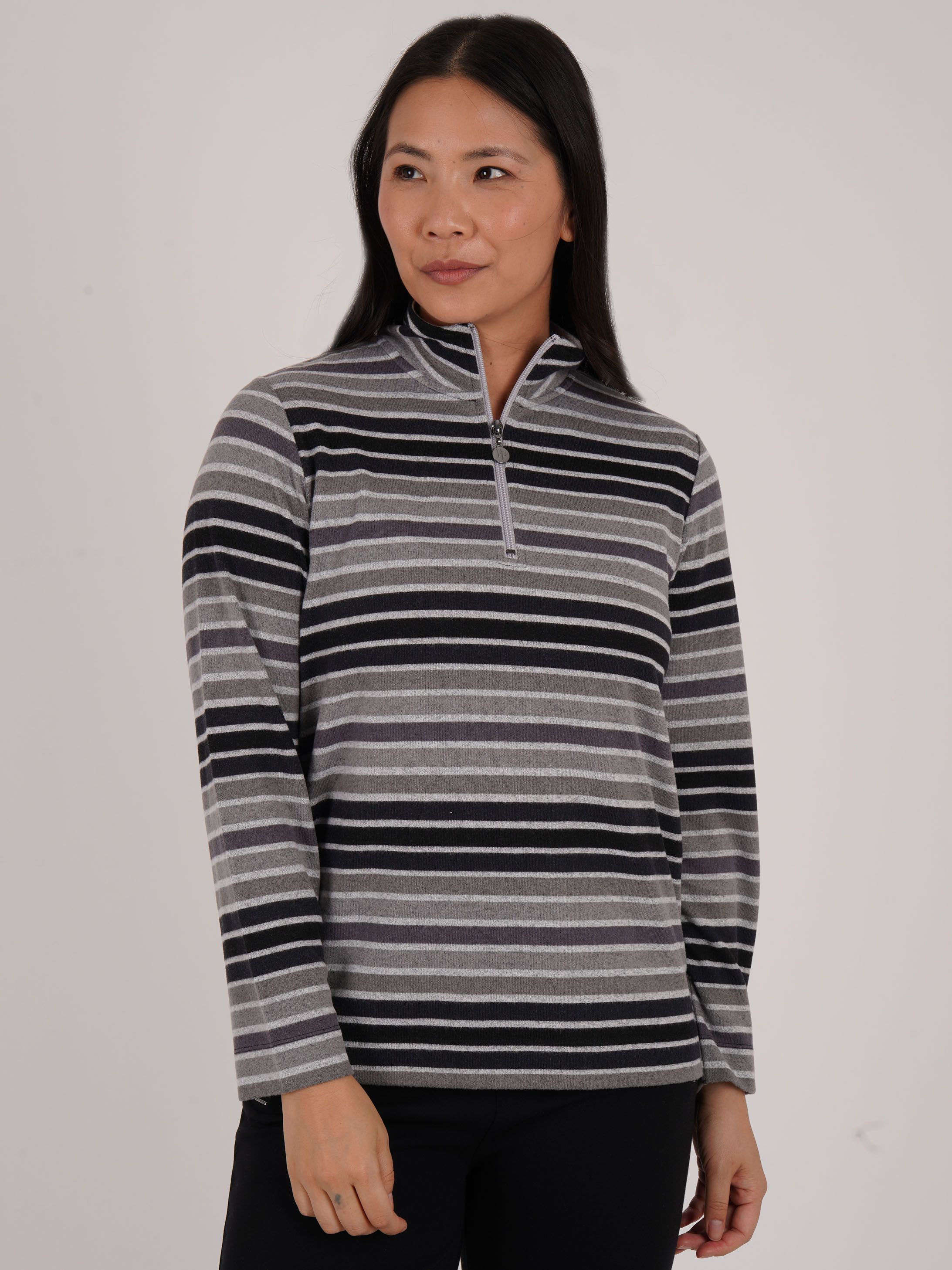 PennyPlain Striped Zip Funnel Neck- Black PP-365