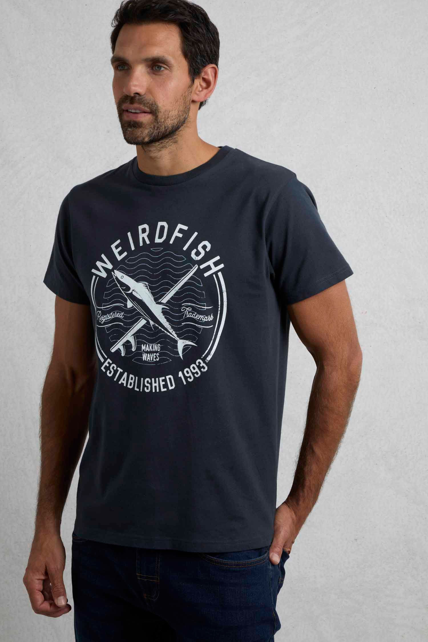 Weird Fish - Hudson Organic Cotton Front Print Branded T-Shirt in Navy