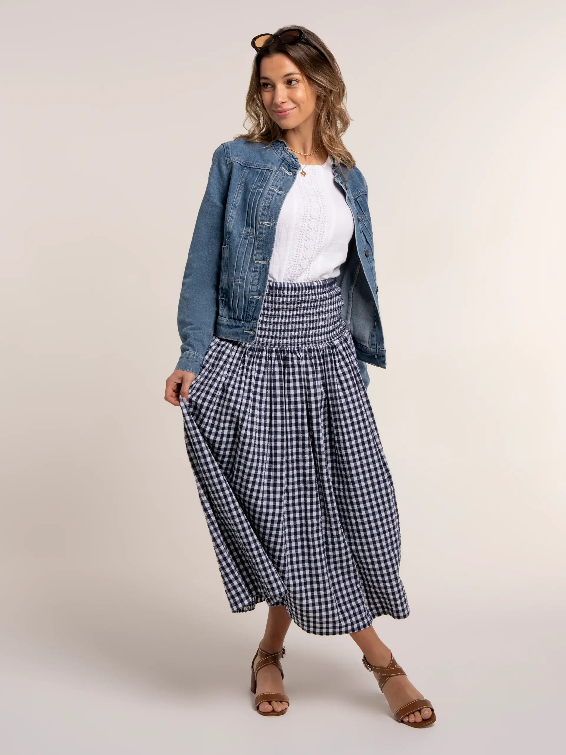 BRAKEBURN Teresa Gingham 2-in-1 Maxi Skirt, in Navy