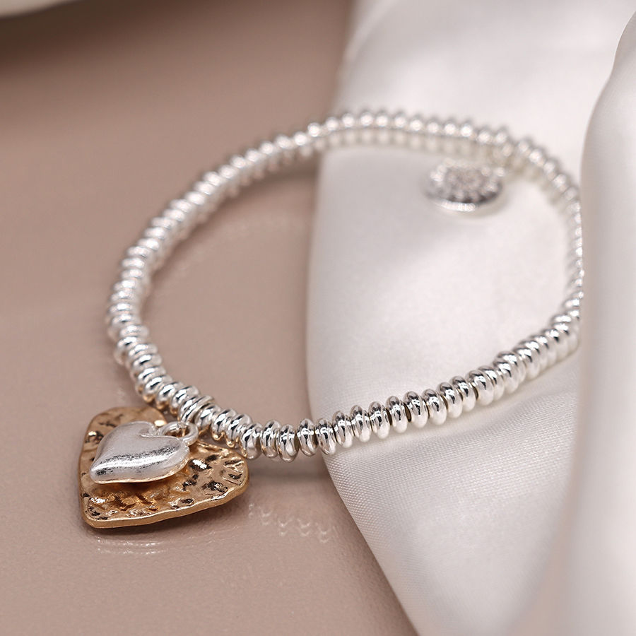 Thumbnail: Silver plated bead bracelet with beaten gold and worn silver hearts (03758)