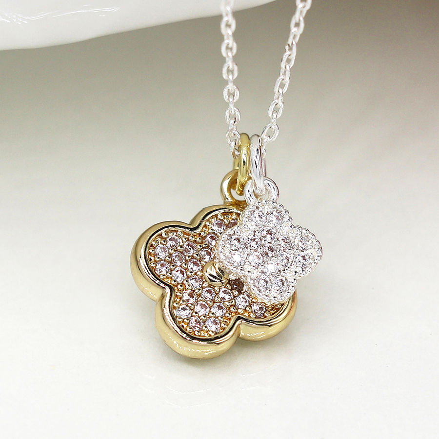 Thumbnail: Faux gold and silver plated double quatrefoil necklace with crystals (04122)