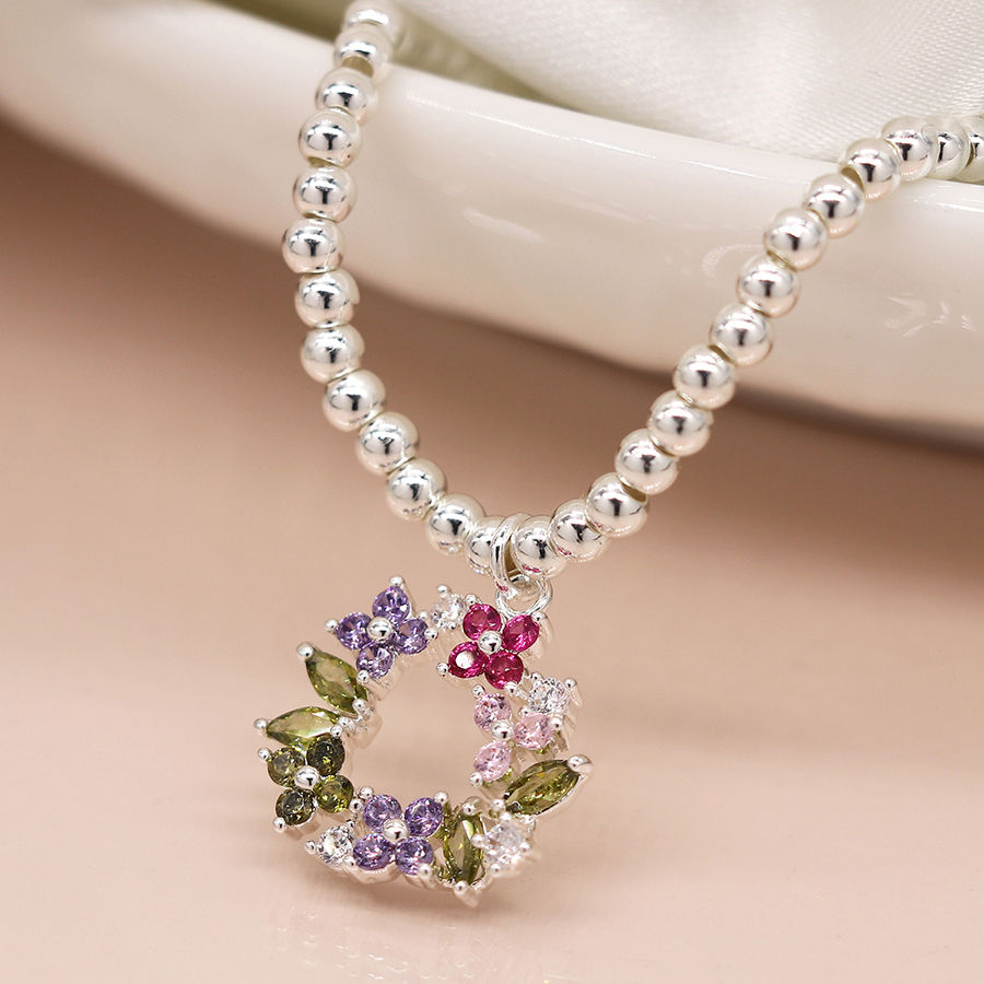 Thumbnail: Silver plated floral crystal circle stretch bracelet (04295)