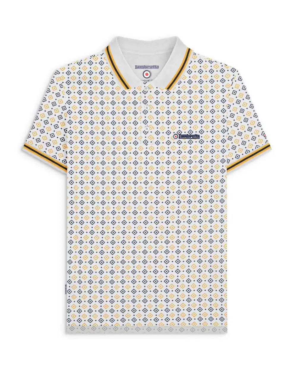 Lambretta Clothing - Geo AOP Polo in WHITE/NAVY/GOLD (SS7164)
