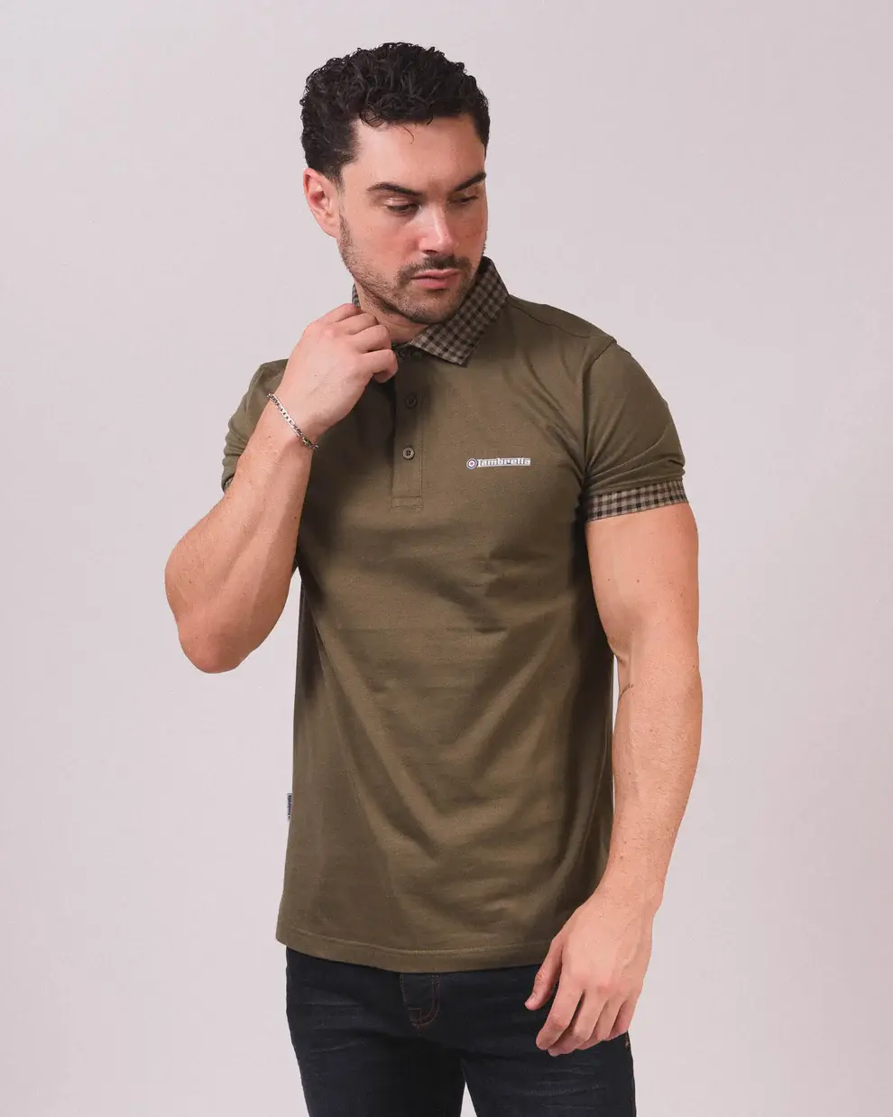 Lambretta Clothing - Gingham Collar Polo in Khaki (SS4028)