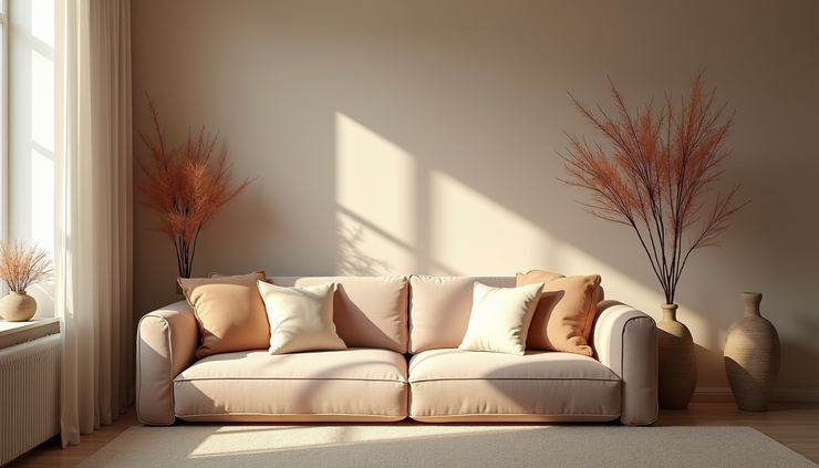 Eye-level view of a cozy living room corner with stylish cushions and decorative vases