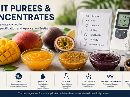 Tropical fruit purées and concentrates with mango, passion fruit and açaí alongside instruments for Brix, pH value, acidity, total solids and application testing