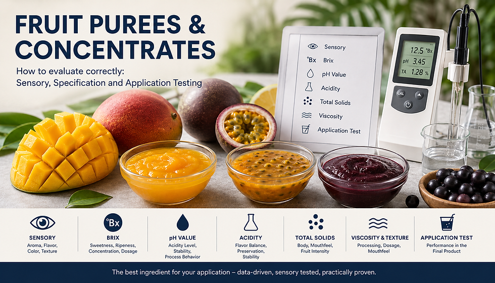 Tropical fruit purées and concentrates with mango, passion fruit and açaí alongside instruments for Brix, pH value, acidity, total solids and application testing