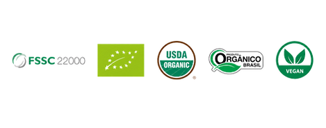 Certification logos for FSSC 22000, EU Organic, USDA Organic, Produto Orgânico Brasil and Vegan standards displayed in a clean horizontal layout on a white background.