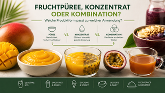Fruchtpüree, Konzentrat und kombinierte Fruchtzutaten mit Mango, Maracuja und Açaí als Entscheidungshilfe für Anwendungen in Getränken, Smoothies, Eiscreme, Desserts und Foodservice