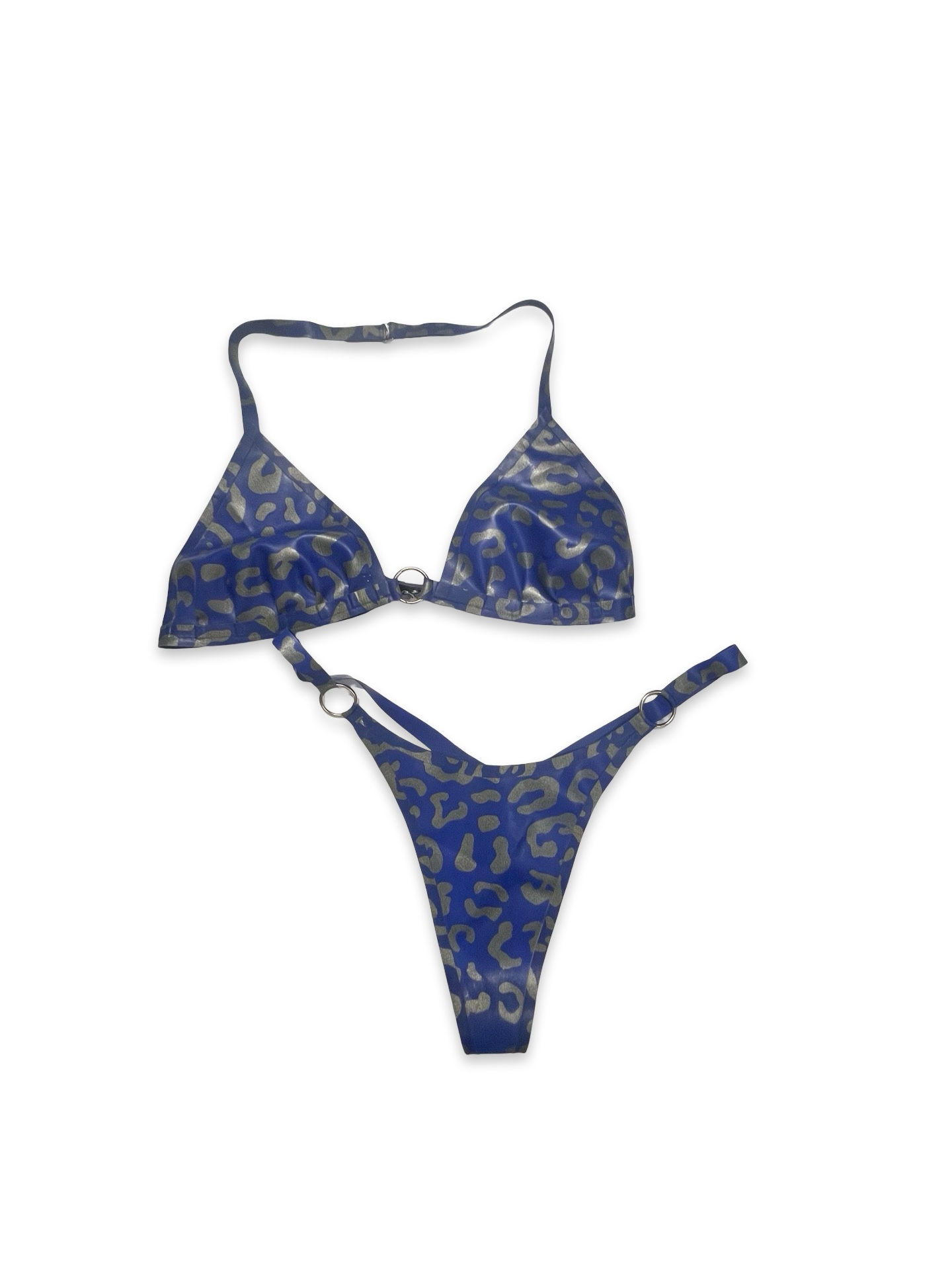 Blue Gold Leopard Latex Triangle Top Thong Bikini Sample