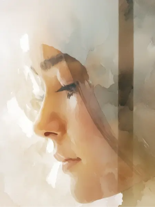 Watercolor portrait of a serene woman in profile, soft hues of beige and brown merging with a cloudy background, evoking calm and introspection.
