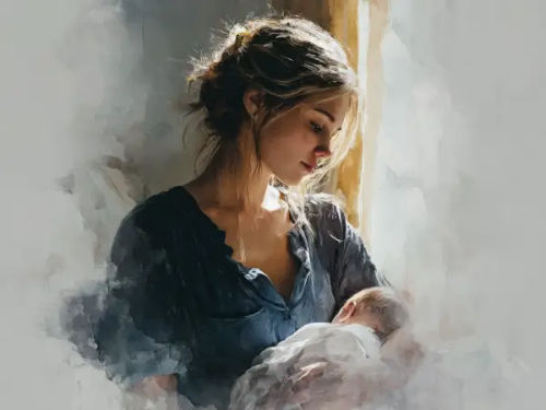 A woman cradles a baby in soft light by a window. She wears a dark blouse, evoking warmth and tenderness. The background is abstract.