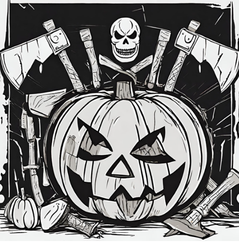 a drawn image of a jack-o-lantern with axes and a laughing skull in black and white