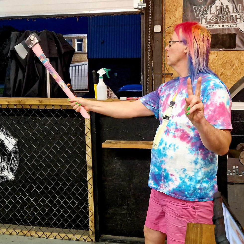 Kooks, an axe thower, lining up a big axe throw while giving a peace sign